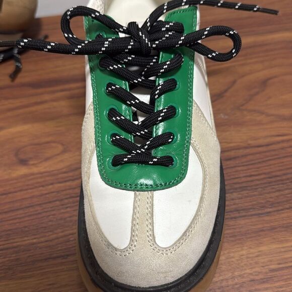 Lucky Chouette Suede & Leather Chunky Oxford Woman’s Sneaker. Tan /White/Green. - Picture 2 of 9